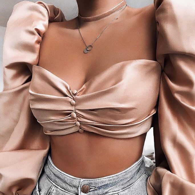 New Women Clothing Y Solid Color Chest-wrapped Button Bare Midriff Slim Fit T-shirt