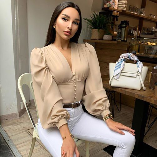 Solid ColorAnd V-neck Button Long-sleeved Bubble Sleeve Slim T-shirt