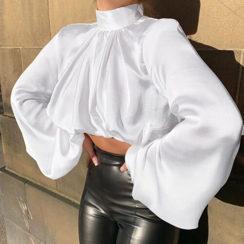 New Fashion Sexy Bottoming T-shirt Female Spring Loose Forged Surface Pleating Bishop Sleeves Top