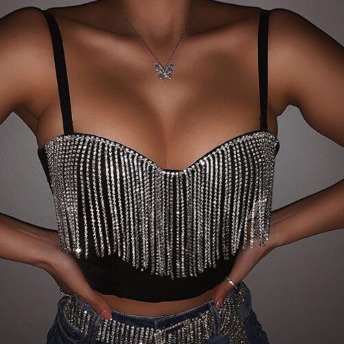 Summer Solid Color Stitching Light Diamond Tassel Wrapped Chest Navel Vest Female
