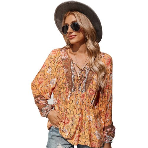 Women Clothing Autumn Lace Romantic Holiday Printed Top For Women