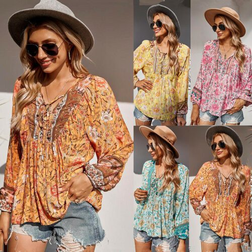 Women Clothing Autumn Lace Romantic Holiday Printed Top For Women