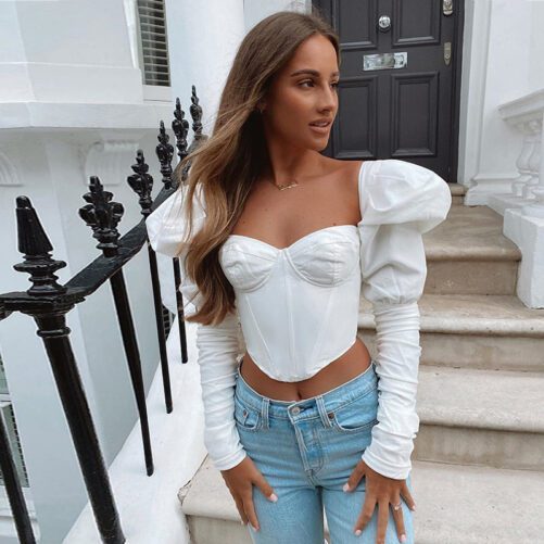 Women Clothing Autumn And Winter New Women Clothing Fashion Retro Square Collar Long Sleeve Sexy Low-cut Slim Fit T-shirt