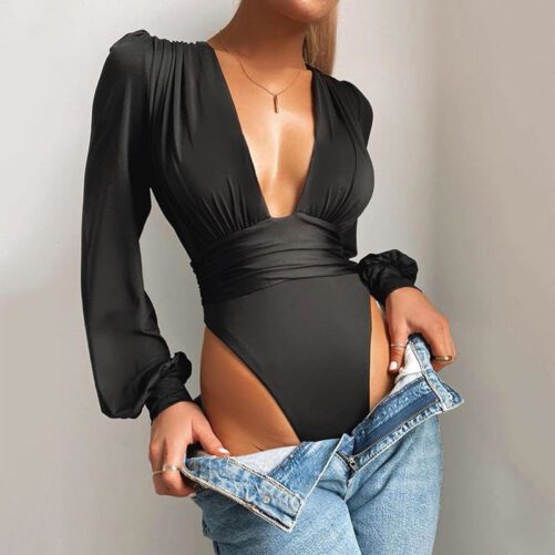 The Trend Of The All-matching The New Top Female Women Clothing Sexy Long Sleeves Deep V Fitted Waist Pleated Elegant Onesies