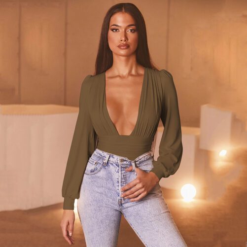 Fashion Tops Womens Sexy Long Sleeve Deep V Fitted Waist Pleated Temperament Jumpsuit Women