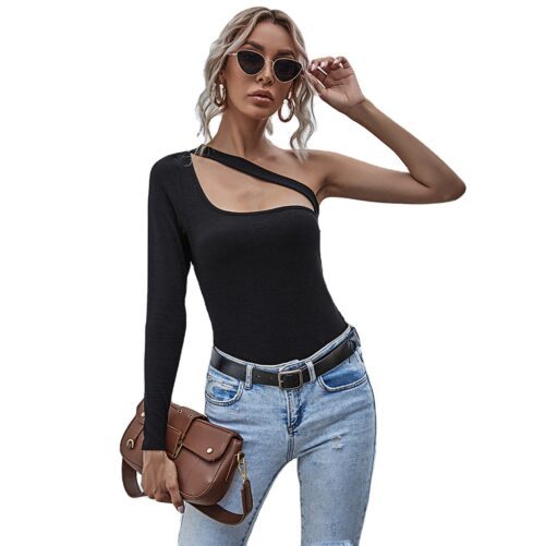 Spring and Summer  Asymmetric Black Oblique Shoulder Sexy Solid Color Long Sleeve Women