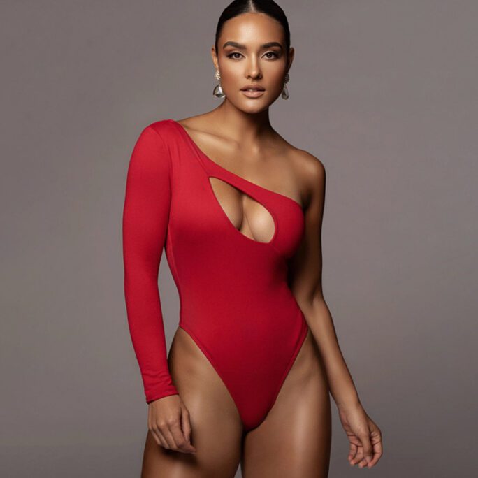 Winter New Sexy Hollow One Shoulder Long Sleeve Bodysuits