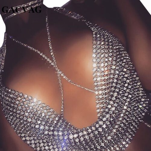 High Quality Fashion Diamond Women Clothing Nightclub Low-cut Backless Rhinestone Chain Strap Deep V Cropped Tank Top