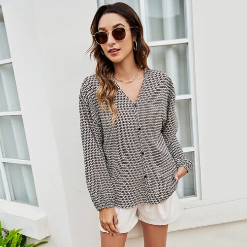 Fashion Pullover Loose Street Plaid Women Long-Sleeved Single-Breasted T-shirt round Neck Common Style Casual Top