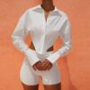 2021  Summer Lapels Solid Color Long Sleeve Open Lining in Tops & Tees