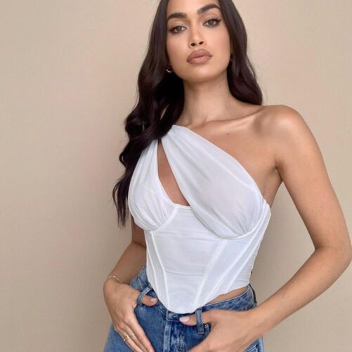 Women Clothing Summer New Solid Color Fashion Single Shoulder Mesh Wrapped Chest Street Shot Sleeveless Slim Top