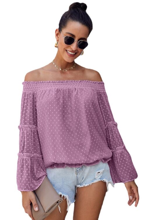2021  New Horn Long Sleeve Chiffon off-Shoulder off-the-Neck Hollow Loose Top