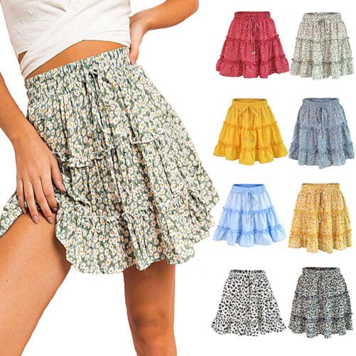 HighWaist Ruffles Floral Skirt Printed Beach A- line Skirt