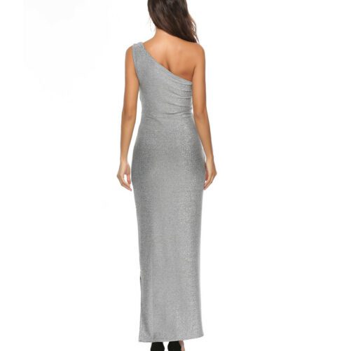 Women Clothes New One-Shoulder Bright Silk Elegant Dress  Large Size Solid Color Dress