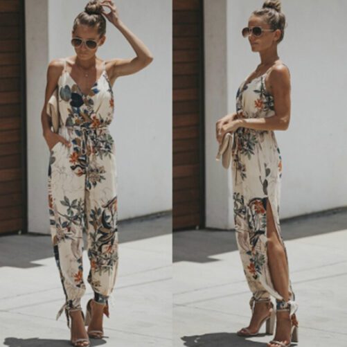 Women Summer Jumpsuit Sexy Backless Print Tied Spaghetti-Strap Cotton One-Piece Slit Pants