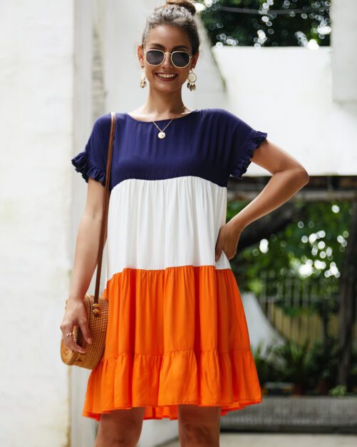 Autumn And Winter New Color Contrast Patchwork Dress A- Line Skirt