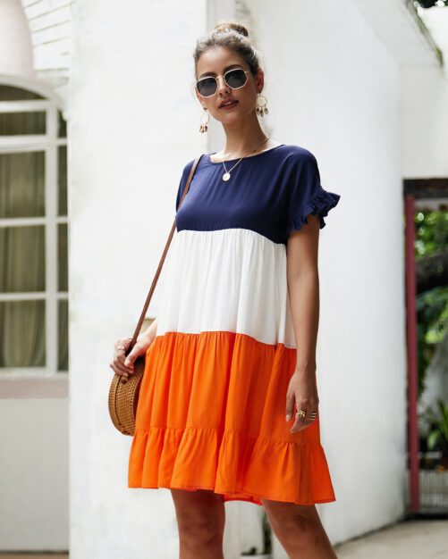 Autumn And Winter New Color Contrast Patchwork Dress A- Line Skirt