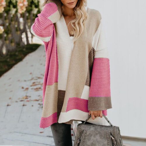 Autumn And Winter New Sweater Women Large Size Loose Geometric Color Matching Sweater Cardigan Jumpers