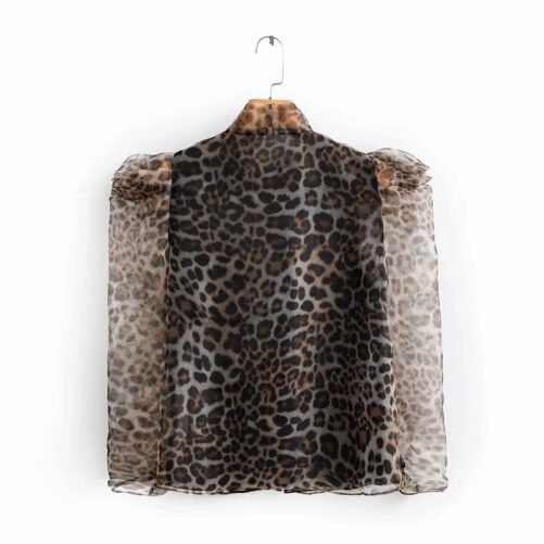 Spring New French Vintage Leopard Print Bow Tie Organza Bubble Long Sleeve Shirt For Women