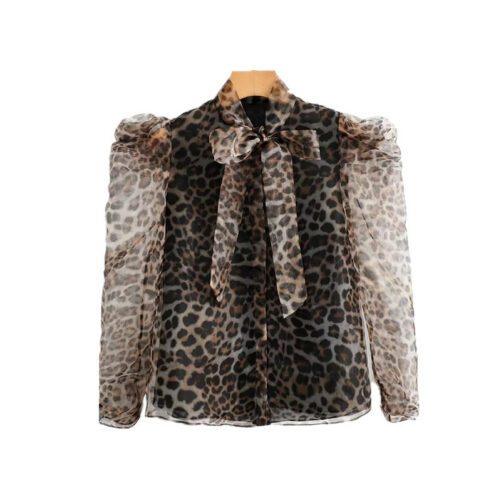 Spring New French Vintage Leopard Print Bow Tie Organza Bubble Long Sleeve Shirt For Women