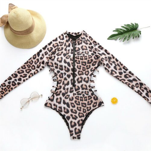 Swimsuit Snake Print Swimsuit Female Leopard Print One-Piece Bikini  Long Sleeve Swimsuit
