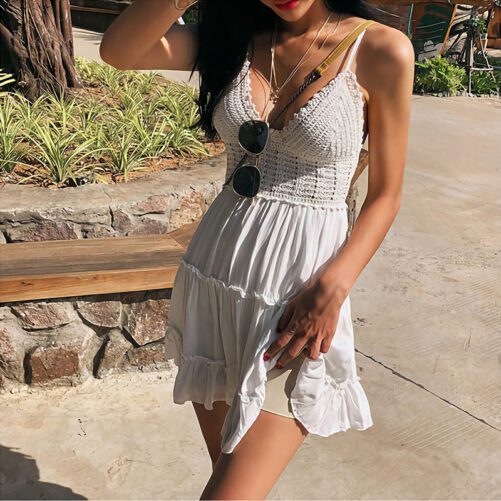 Fashion Style Sexy Cutout V-neck Patchwork Suspender Dress Seaside Vacation off-the-Shoulder Beach Dress for Women