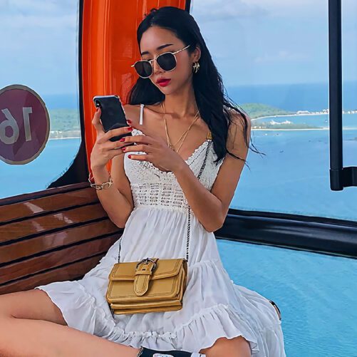 Fashion Style Sexy Cutout V-neck Patchwork Suspender Dress Seaside Vacation off-the-Shoulder Beach Dress for Women