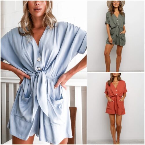 Summer  Internet Hot New Lace-up Short Sleeve V-neck Loose Single-Breasted Women Clothing One-Piece Shorts
