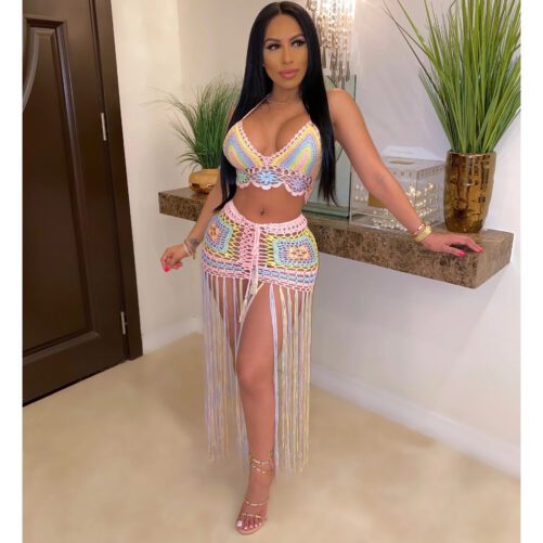 Women Clothing Hand Crocheting Color See-through Beach Cover-up Fashion Suit