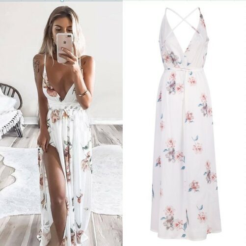 Women Clothing Sexy Print Sling Backless Slit Beach Dress in Dresses