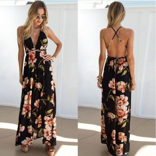 Women Clothing Sexy Print Sling Backless Slit Beach Dress in Dresses
