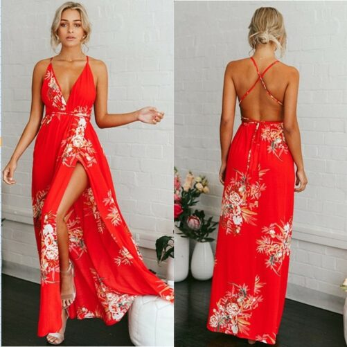 Women Clothing Sexy Print Sling Backless Slit Beach Dress in Dresses