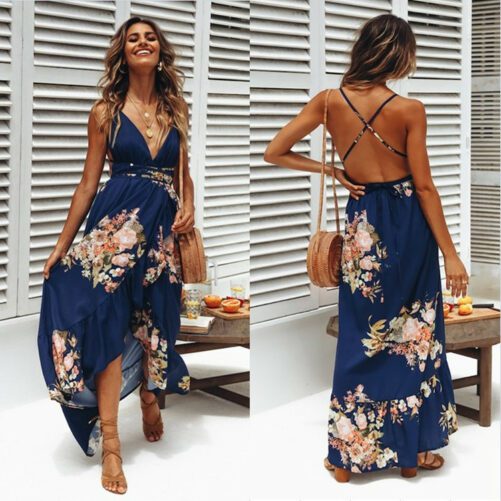 Women Clothing Sexy Print Sling Backless Slit Beach Dress in Dresses