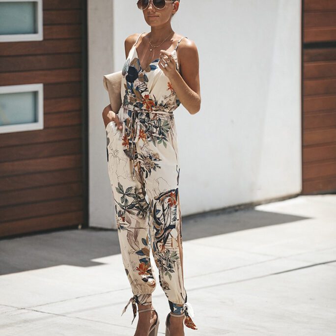 Women Summer Jumpsuit Sexy Backless Print Tied Spaghetti-Strap Cotton One-Piece Slit Pants