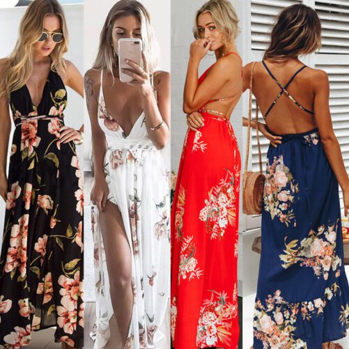 Women Clothing Sexy Print Sling Backless Slit Beach Dress in Dresses
