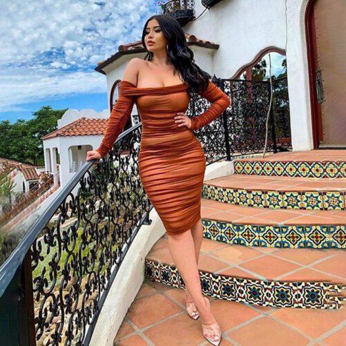 New Women Solid Color Sexy Slim Party Long Sleeve Off-shoulder Pleated Early Spring Dress