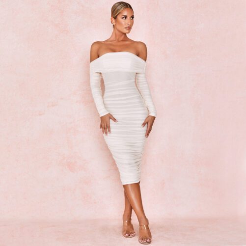 New Women Solid Color Sexy Slim Party Long Sleeve Off-shoulder Pleated Early Spring Dress