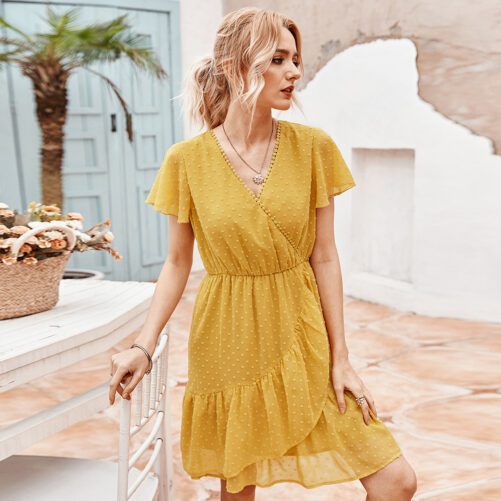Celebrity Real Shot Women Summer Ruffles Solid Color Fairy Dress