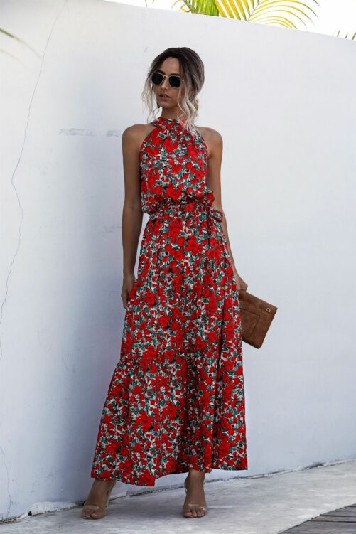 Summer Popular12-Color Polka Dot Printed Halter Tied Dress Dress