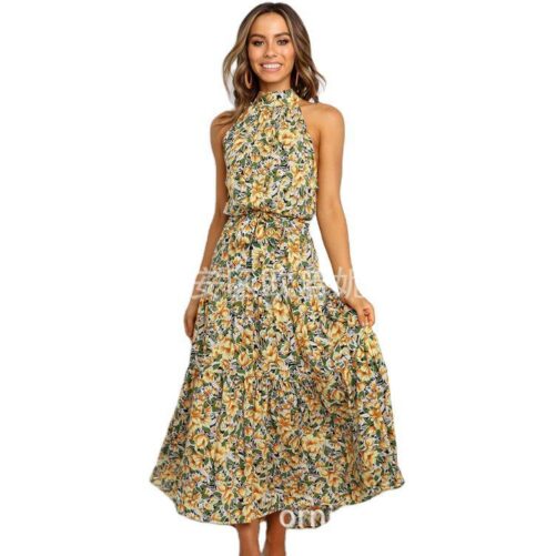 Summer New Women Clothing Dress Mid-Length Lace Printing Dress
