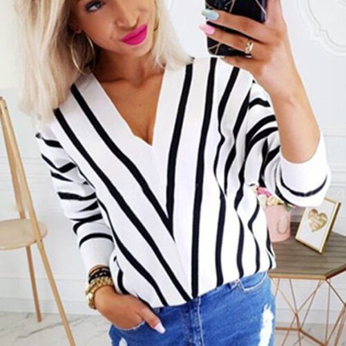 Women Autumn and Winter New  Sweater Loose Bottoming Shirt Striped V-neck Pullover Sweater Women Sweater