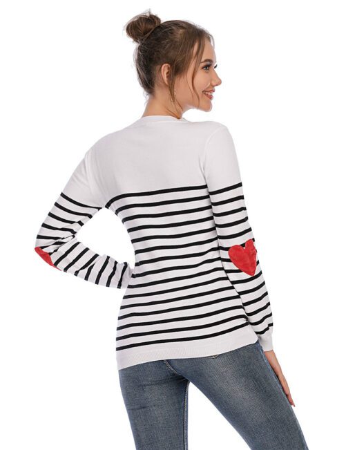 Women Autumn and Winter  Sweater Elbow Love Loose Bottoming Shirt Striped Crew Neck Pullover Sweater Knitted Women