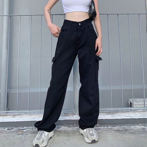Fashion Street Women Clothing Hipster Sexy High Waist Multi-pocket Loose Jeans Women