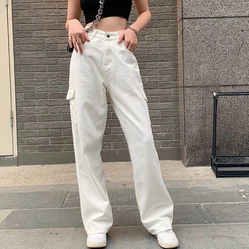 Fashion Street Women Clothing Hipster Sexy High Waist Multi-pocket Loose Jeans Women