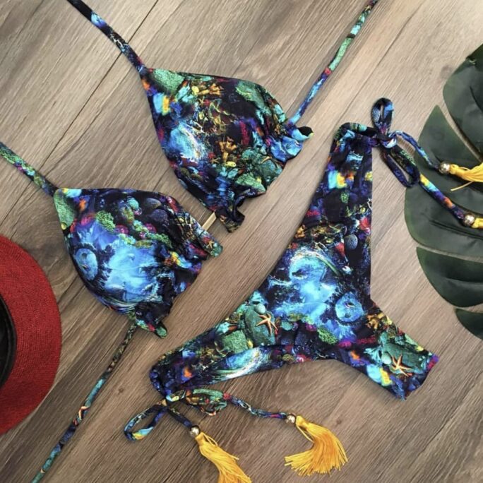 Bikini Strap Printing Sexy Bikini Exposed Back Split Swimsuit Female Hot
