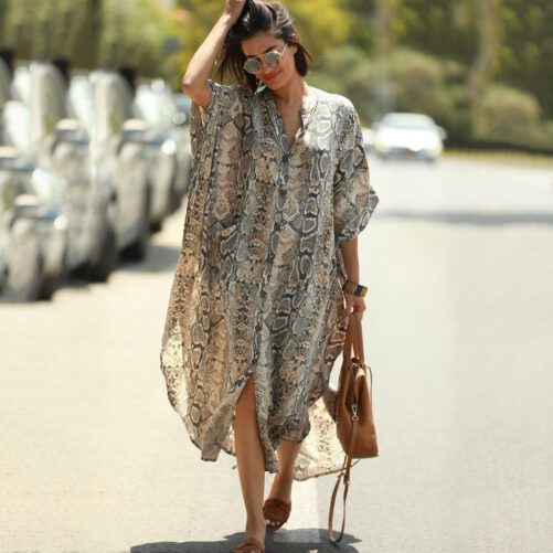 Beach Cover-up Elastic Printing Oversized Button Vacation Robe
