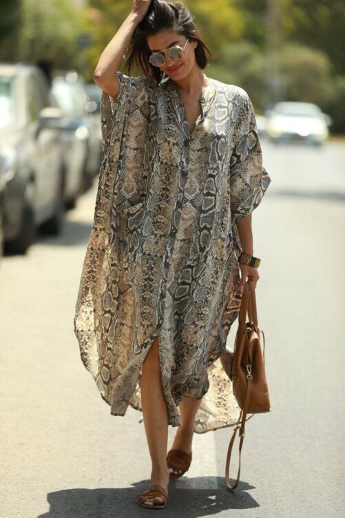 Beach Cover-up Elastic Printing Oversized Button Vacation Robe