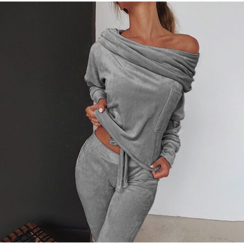 Solid Color Fashion Casual Set Off-shoulder Bow Slim Fit Homewear Suits Loungewear