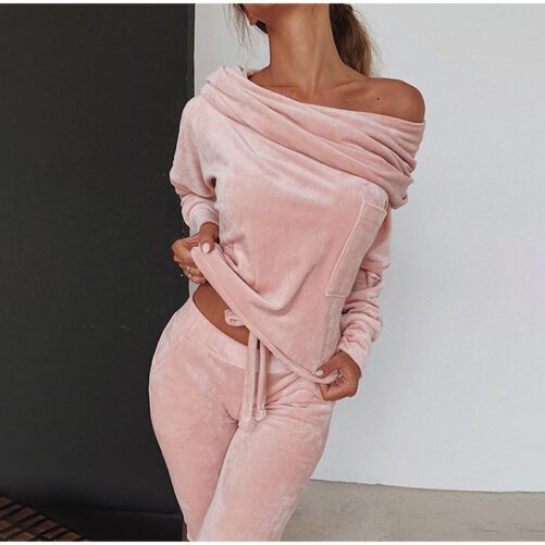 Solid Color Fashion Casual Set Off-shoulder Bow Slim Fit Homewear Suits Loungewear