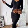 Casual Solid Color Ribbed Low Cut V-neck Tight Long Sleeve Dress in Dresses